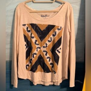 LUCKY BRAND, WOMEN'S, BEIGE, BLUE/BROWN GRAPHIC, LONG SLEEVE SOFT TEE, L
